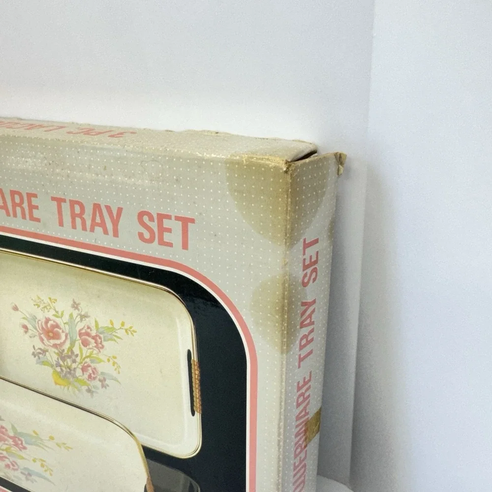 Vintage Lacquerware 3 Piece Tray Set Rose NOS Sealed In Box Jay Imports Japan